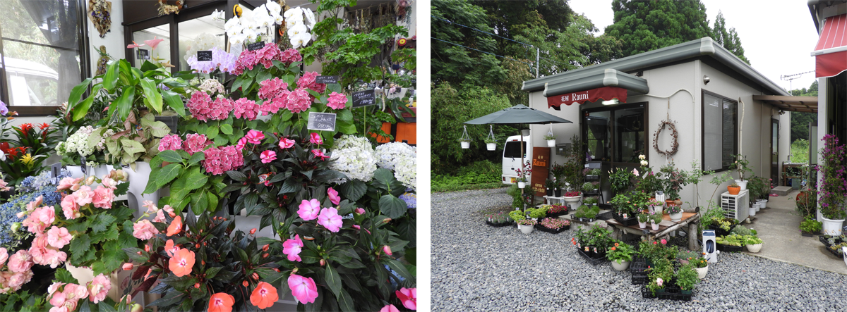 花と店舗外観の写真